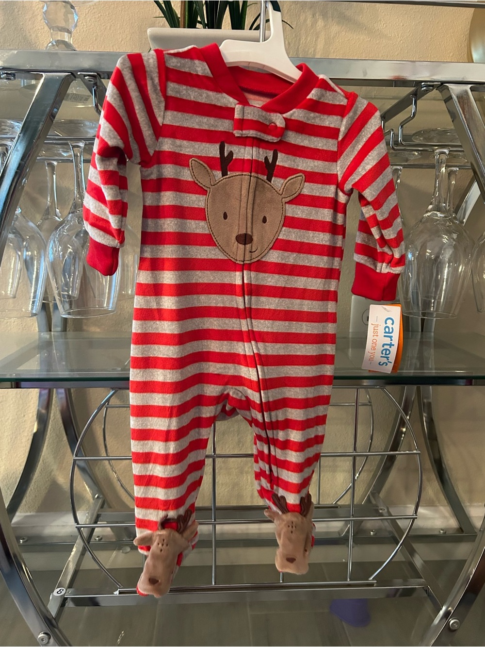 Carter's Red and Gray Striped Reindeer Footed One-Piece